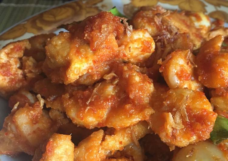 Udang balado mix telur puyuh dan tahu