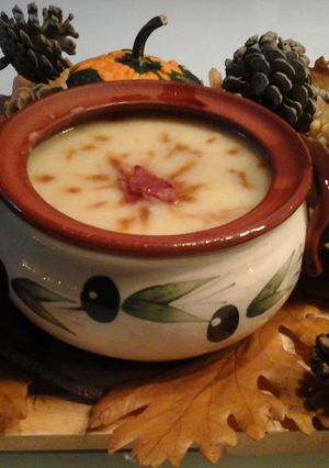 A picture of Potato Soup with Chipotle Soy Sauce.