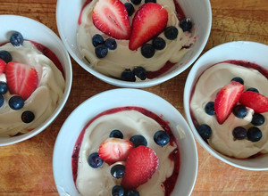A picture of My strawberry and blueberry cheesecake dessert (keto, low-carb).