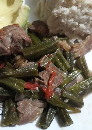 A picture of Okra mixed with meat.