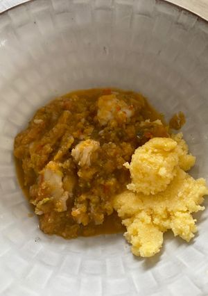 A picture of Baby food: kingklip with veggies.