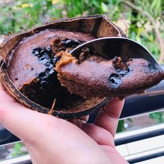 A picture of Chocolate cake in coconut shell.