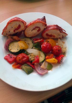 A picture of Vickys Chicken Roulade with Mediterranean Veg, GF DF EF SF NF.