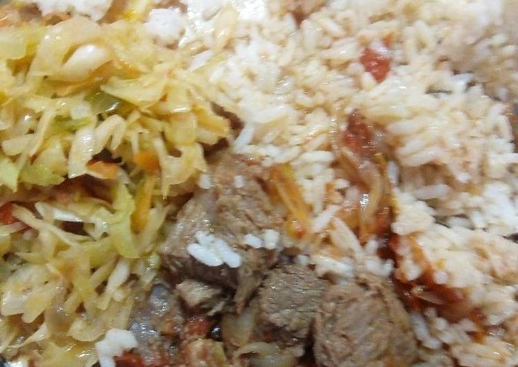 Beef stew rice and fried cabbage