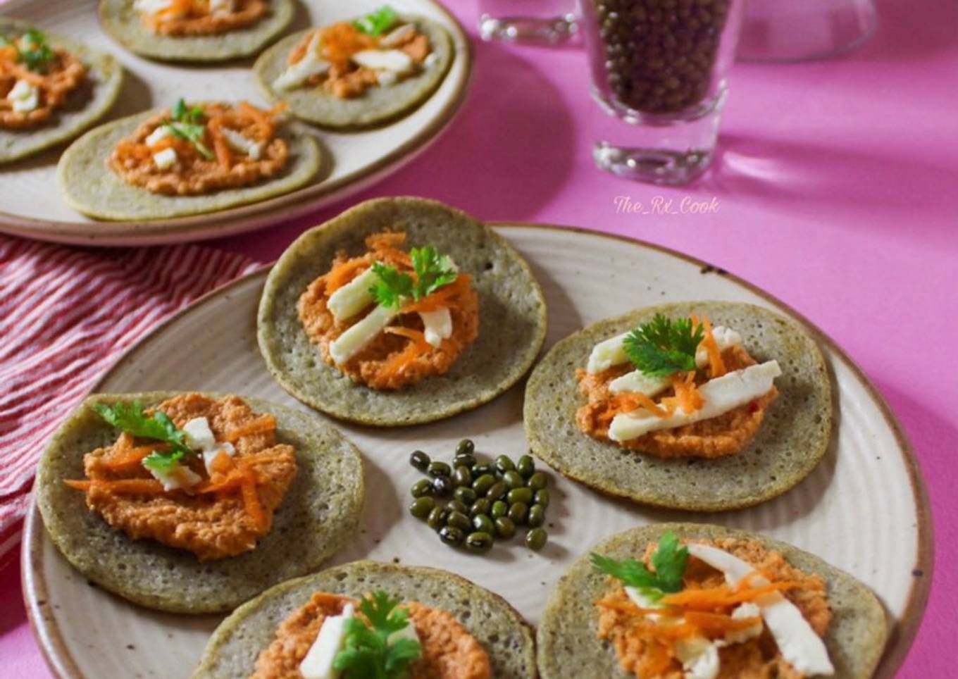 Moong sprouts adai served as tapas with roasted tomato coconut chutney