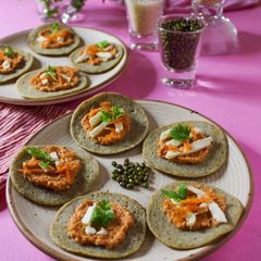 A picture of Moong sprouts adai served as tapas with roasted tomato coconut chutney.