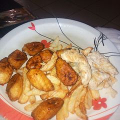 Chips,plantain and fried egg A picture of Chips,plantain and fried egg.