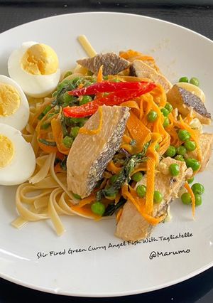 A picture of Stir Fired Green Curry Angel Fish With Tagliatelle.