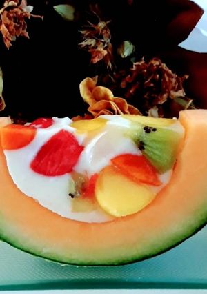 รูปของ วุ้นเมล่อนผลไม้รวม Fresh Fruits Jelly In Melon / Fresh Fruit Agar Jelly In Melon