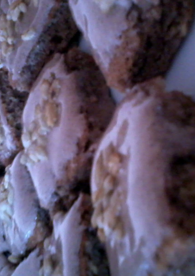 A picture of choco brownies with choco frosting.