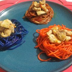 A picture of Colorful spaghetti.