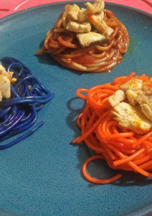 A picture of Colorful spaghetti.