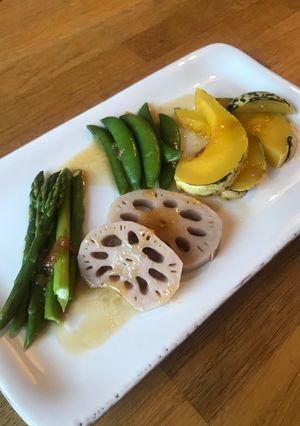 A picture of Steamed Veggie Salad with Pickled Plum Dressing - Japanese style #vegan.