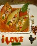 Tricolour pasta shells stuffed with cheeseand bell peppers
