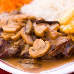 A picture of Steak with Cream and Mushrooms.