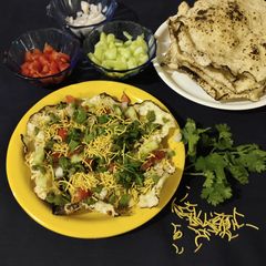 Khichiya papad (rice papad) chat A picture of Khichiya papad (rice papad) chat.