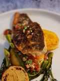 Sea bass sauce vierge and polenta