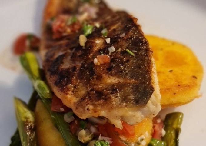 Sea bass sauce vierge and polenta