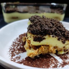 A picture of Coffee on custard tiramisu.