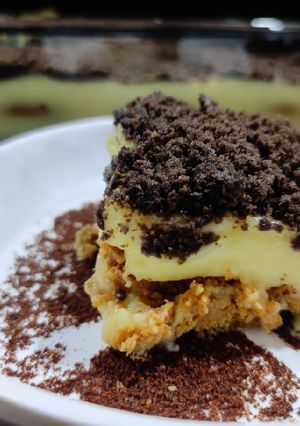 A picture of Coffee on custard tiramisu.