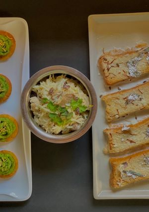 A picture of 3 course meal - Nimona Canapes, Shahi Chicken Pulao, Shahi Tukda under 30 mins.