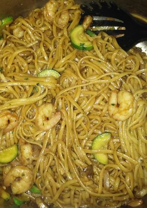A picture of "Thai" Noodles with Shrimp.