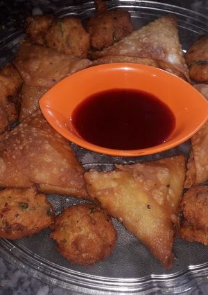 A picture of Macroni samosa & mong daal pakorra.