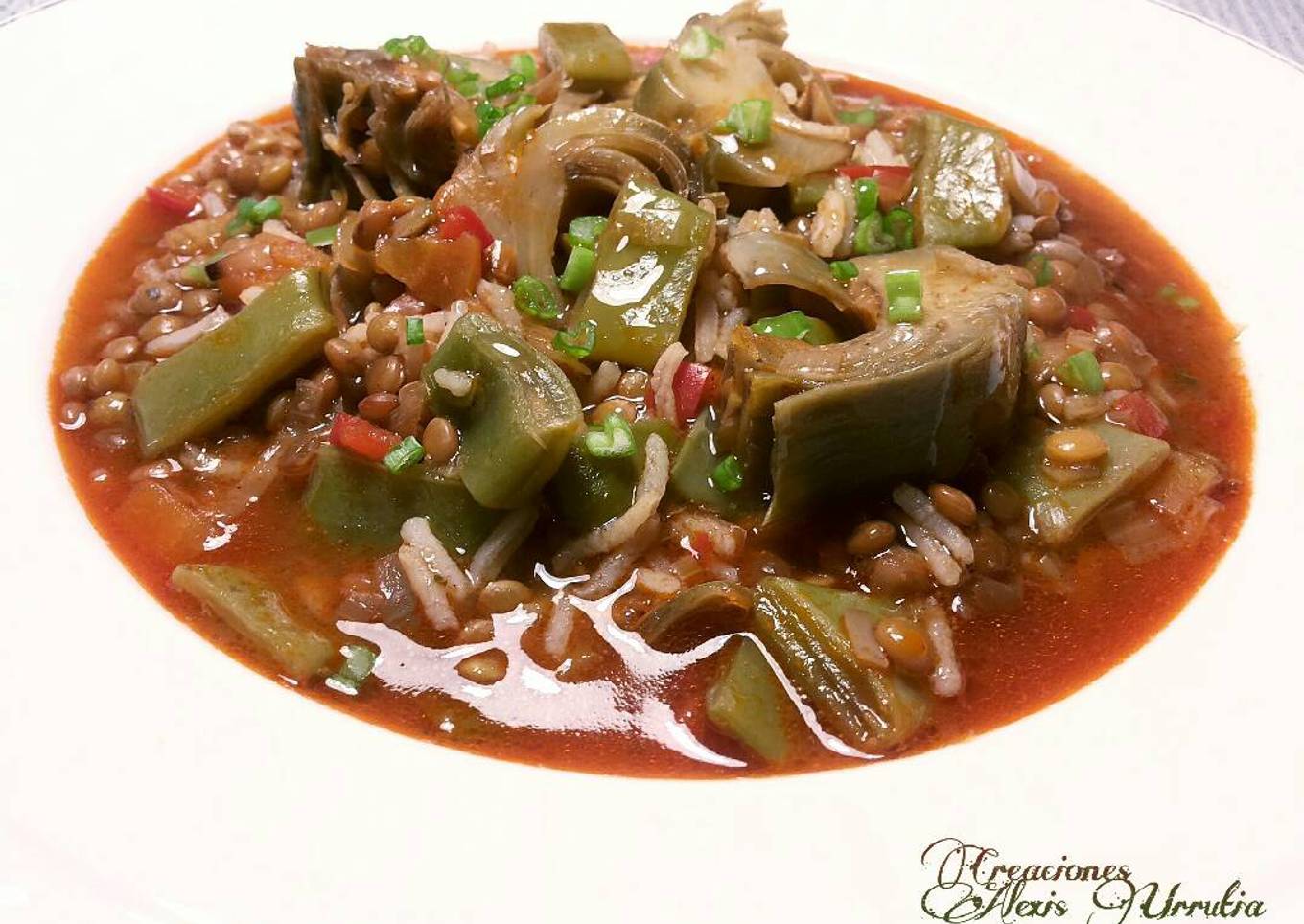 Lentejas con arroz basmati y alcachofas