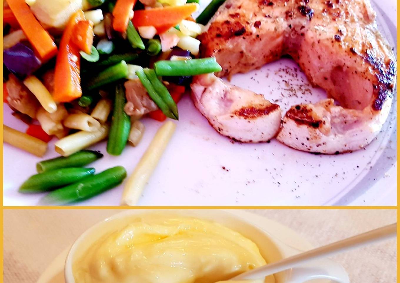 Salmón a la plancha con wok de verduras y alioli