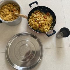 A picture of Cabbage Sambar Rice and cabbage Poriyal.