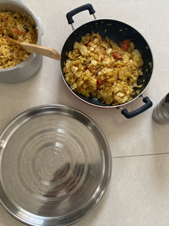 A picture of Cabbage Sambar Rice and cabbage Poriyal.