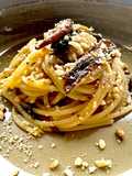 Spaghetti with Miso Cream, Shiitake Mushrooms, and Crushed Hazelnuts