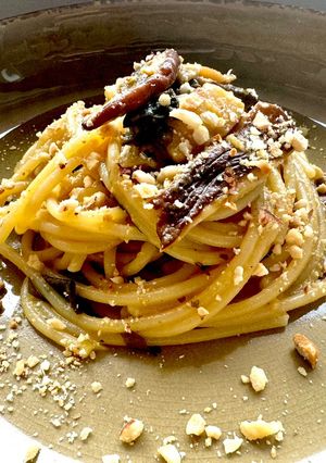 A picture of Spaghetti with Miso Cream, Shiitake Mushrooms, and Crushed Hazelnuts.