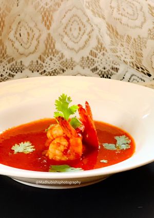A picture of Prawns in Orange-Ginger juice (No oil recipe).