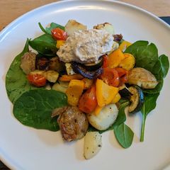 Mixed veg with potatoes, spinach and caramelised onion hummus A picture of Mixed veg with potatoes, spinach and caramelised onion hummus.