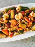 ผัดมะเขือยาว ไก่สับ กุ้ง