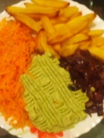 Recipe Potato wedges + guacamole+ carrots+ fried onions which Delicious