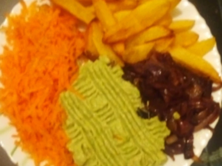 Recipe Potato wedges + guacamole+ carrots+ fried onions which Delicious