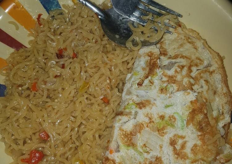 Indomie noodles and veggie fried eggs