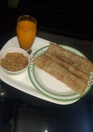 A picture of Pancake with scrambled egg.