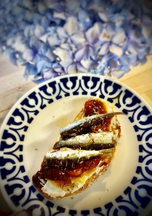 A picture of Deconstructed San Juan Celebration Toast — Toast with Slow-Roasted Cherry Tomatoes and Sardines.