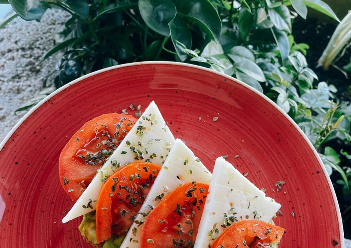 Tostada de pan de hogaza con aguacate, tomate, queso semi y orégano