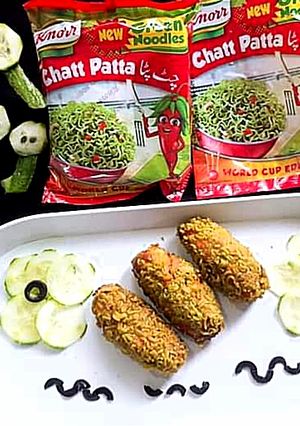 A picture of 🥦Chicken Chatt patta kabab 🥬With knorr green noodles.