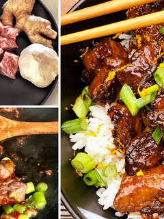 A picture of Spicy Orange Miyazakigyu Wagyu Beef Cubes and Jasmine Rice.