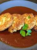 Cauliflower and cheese cakes in chile ancho sauce
