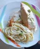 Salmón y bechamel con espagueti