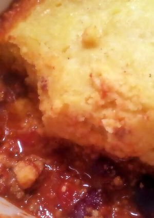 A picture of Curvy's Turkey Chili Cheese Pie with Cornmeal Crust.