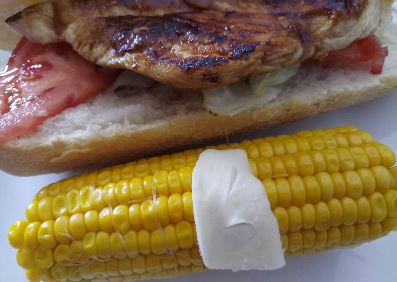 BBQ chicken panino with buttered Corn on the cob