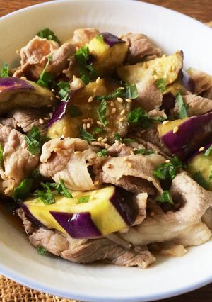 A picture of Microwave Eggplant and Pork Shabu with Soy Vinegar Sauce.