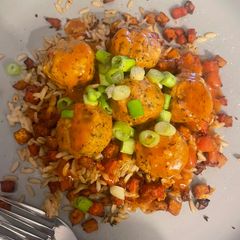 A picture of Veggie Meatballs With Roasted Veg & Brown Rice.